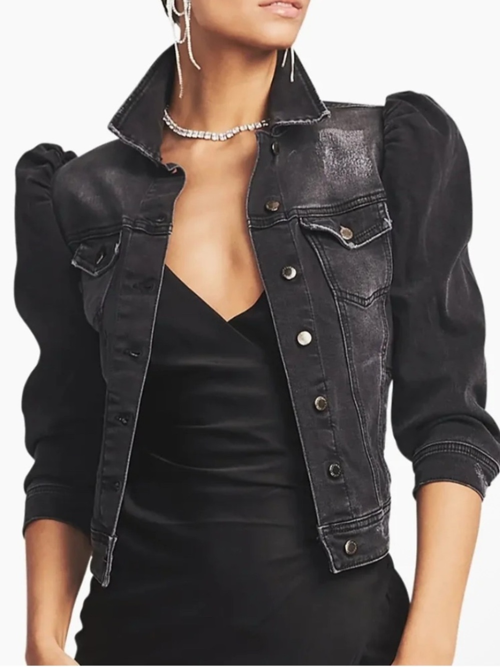 Retrofete Ada Faded Black Puff-Sleeve Denim Jacket